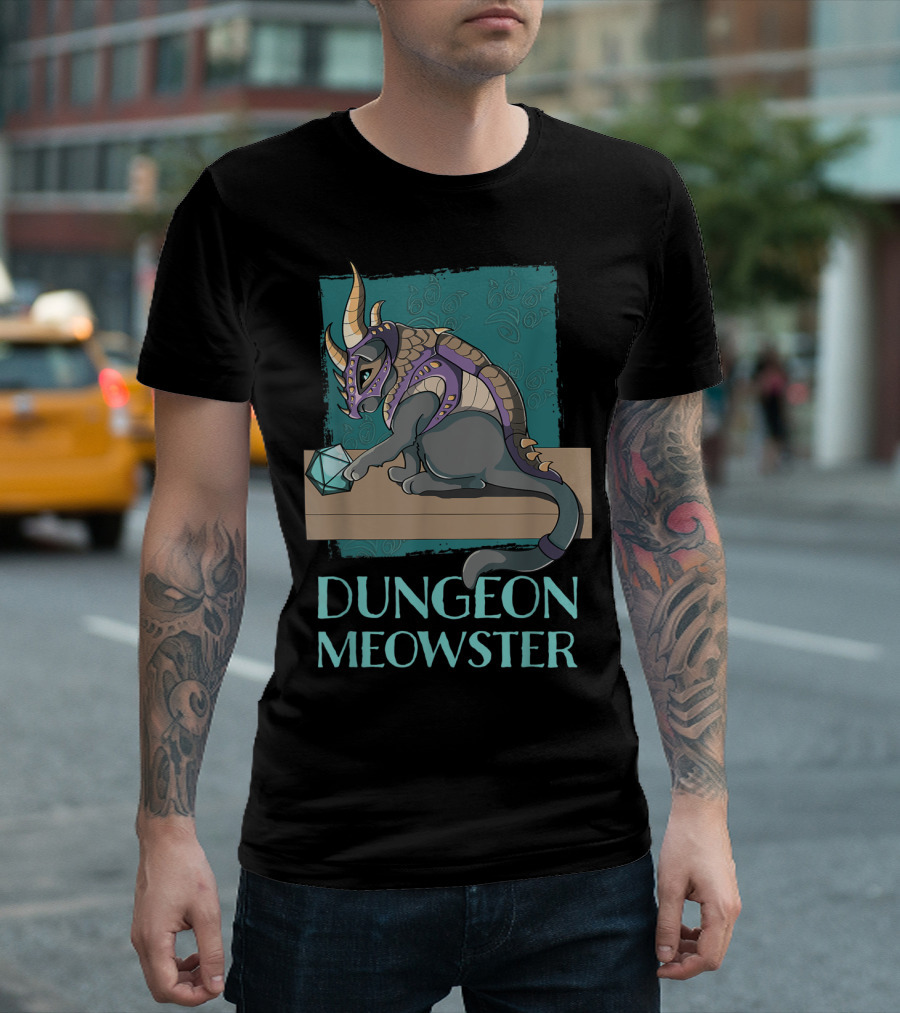 Dungeon Meowster Cat With Dragon Armor Playing with Dice T-Shirt
