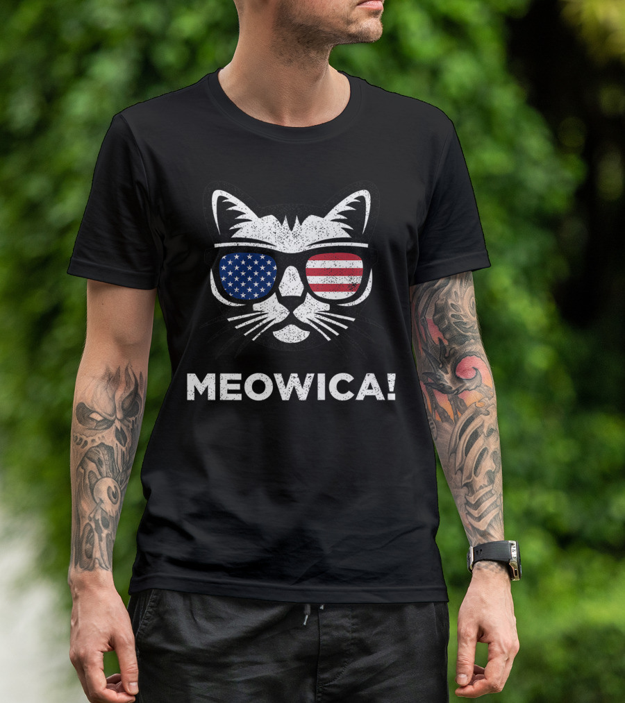 Meowica Cat American Flag Glasses 4th Of July T-Shirt