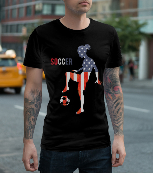American Flag USA Soccer Player Silhouette Girl T-Shirt