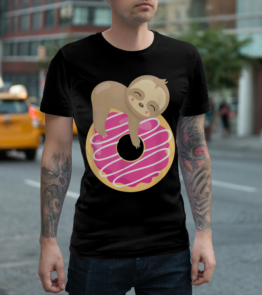 Baby Sloth Sleeping on Pink Frosted Donut T-Shirt