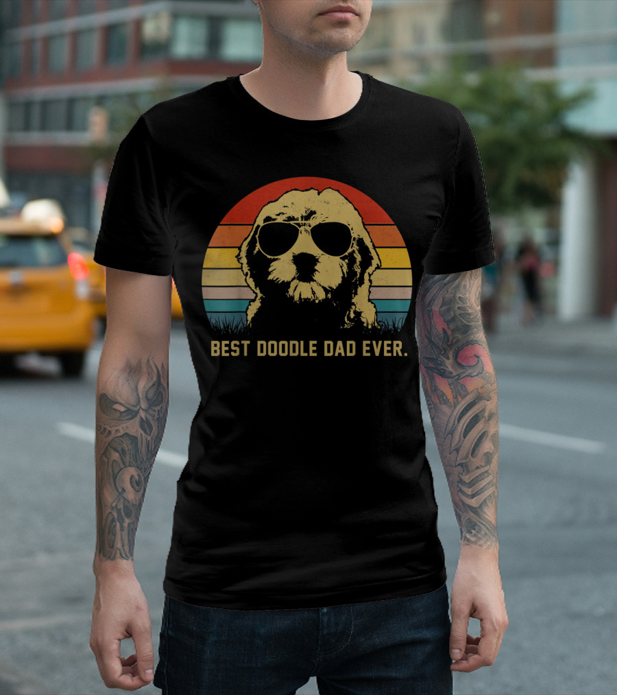 Best Doodle Dad Ever Vintage Sunglasses Retro Stripes Dog T-Shirt