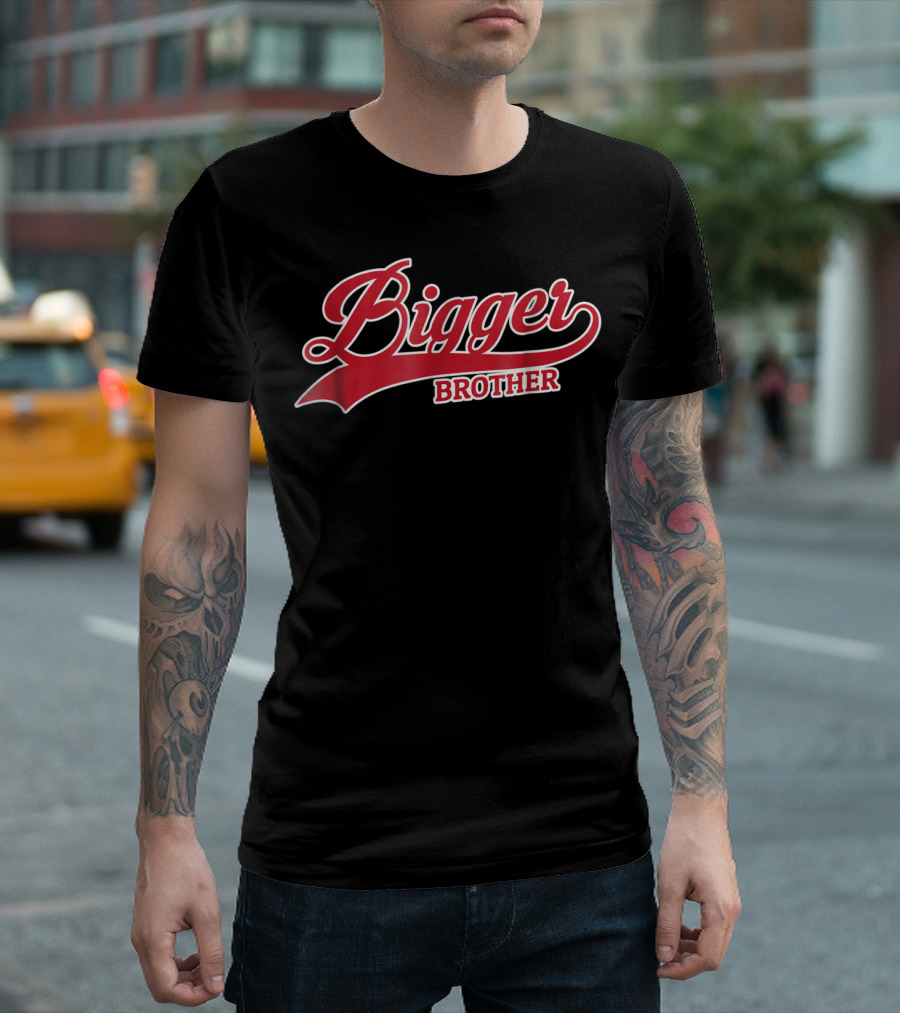 Bigger Brother Sibling Script Style Red And White T-Shirt