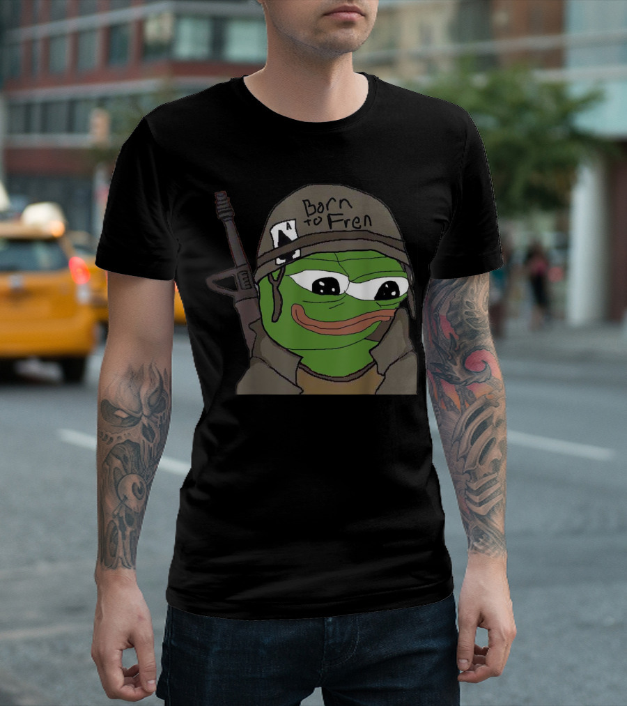 Born to Fren Pepe Military Helmet Cartoon with Rifle T-Shirt