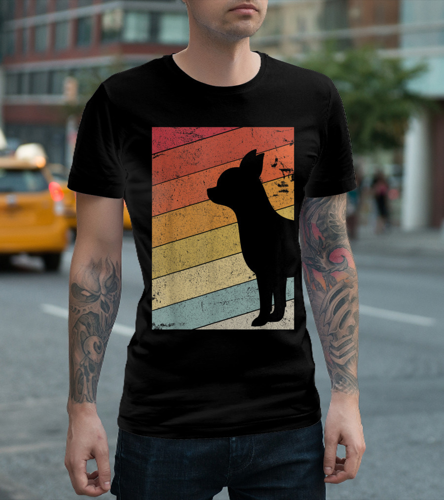 Chihuahua Style Retro Silhouette With Vintage Rainbow Stripes T-Shirt