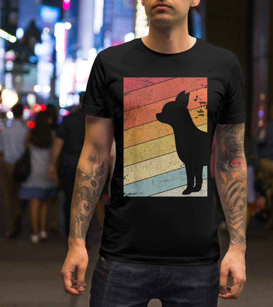 Chihuahua Style Retro Silhouette With Vintage Rainbow Stripes T-Shirt