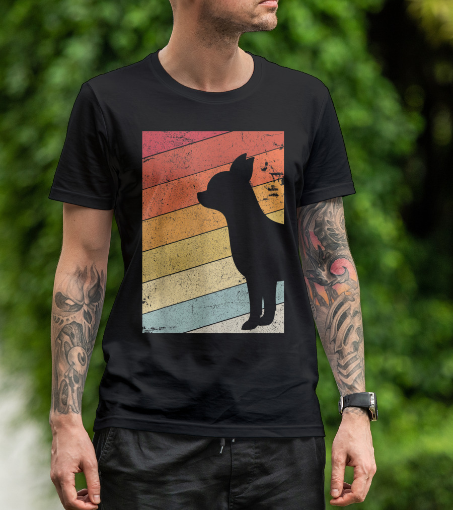 Chihuahua Style Retro Silhouette With Vintage Rainbow Stripes T-Shirt
