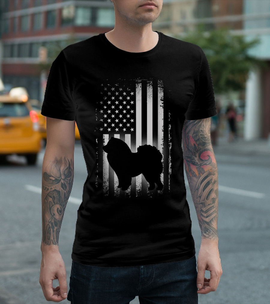 Patriotic Chow Chow Silhouette with American Flag Background T-Shirt