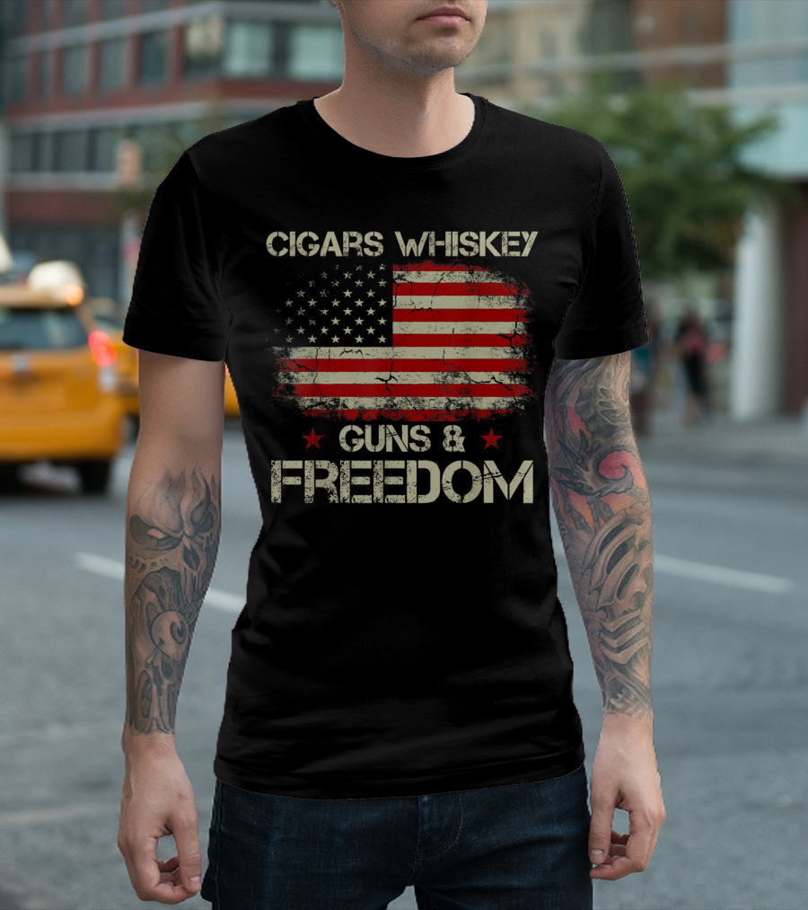 Cigars Whiskey Guns Freedom American Flag Patriotic USA Stars Stripes T-Shirt