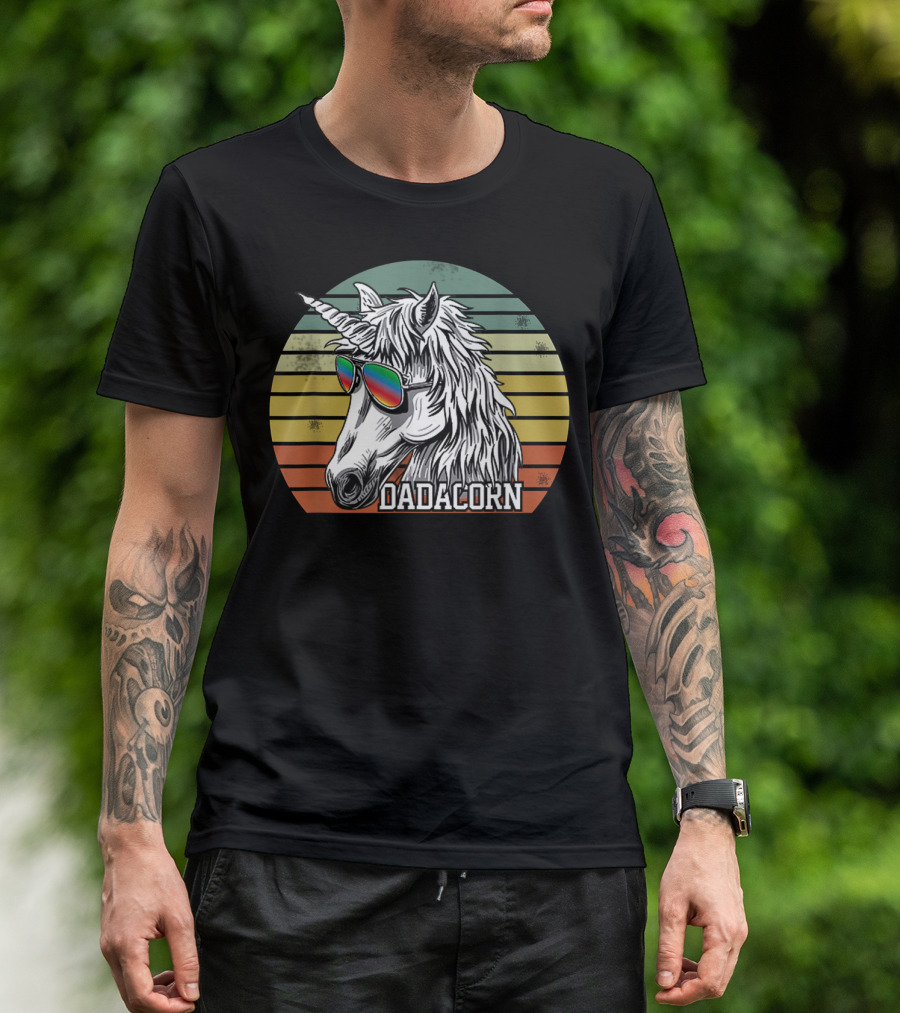 Dadacorn Rainbow Sunglasses Unicorn Retro Stripes T-Shirt