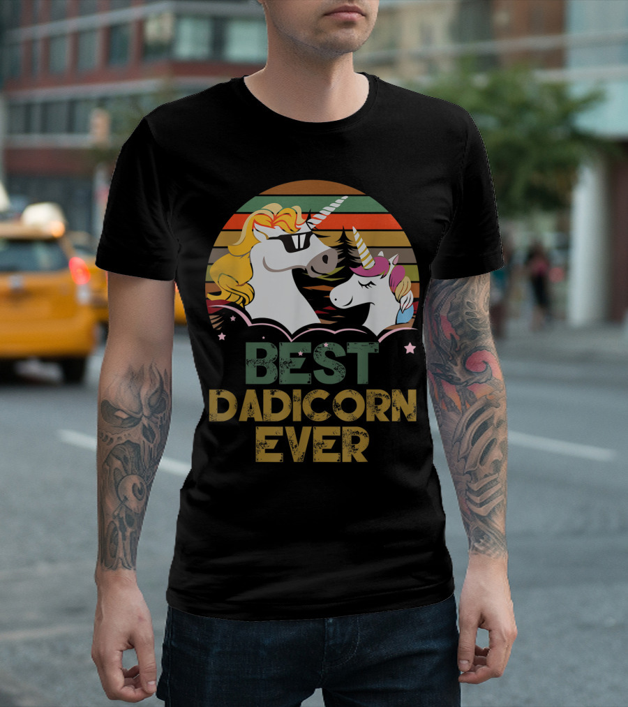 Best Dadicorn Ever Retro Funny Unicorns with Sunset Stripes T-Shirt