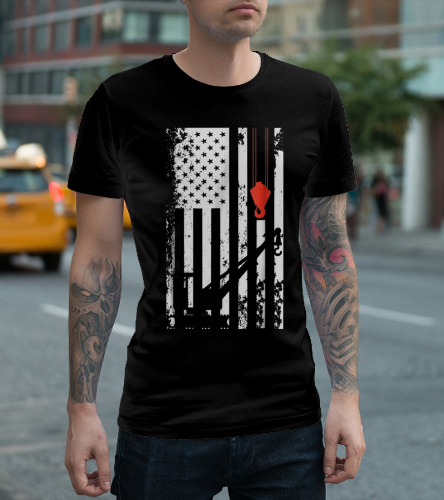 American Flag Crane Operator Hook and Lines T-Shirt