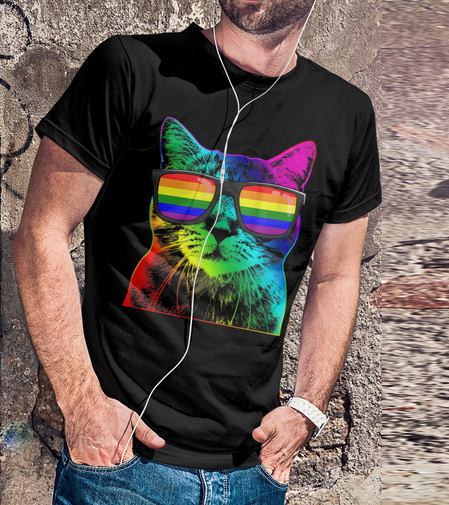 Cute Cat With Gay Flag Rainbow Sunglasses LGBTT T-Shirt