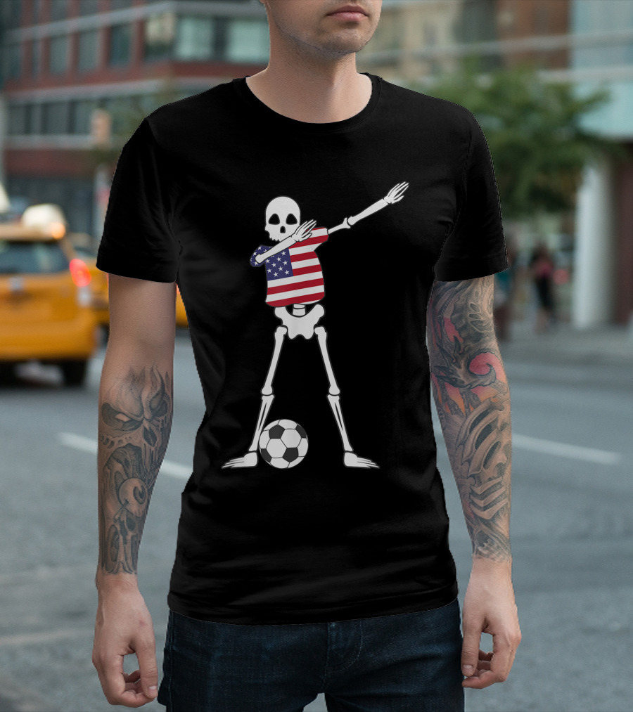 Dabbing Skeleton USA Soccer American Flag Dab Dance Football T-Shirt