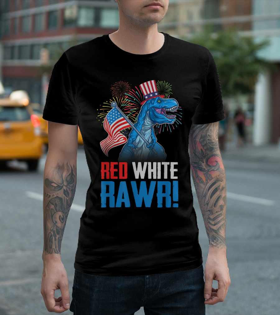 Red White Rawr Dinosaur Rex USA Flag 4th of July T-Shirt