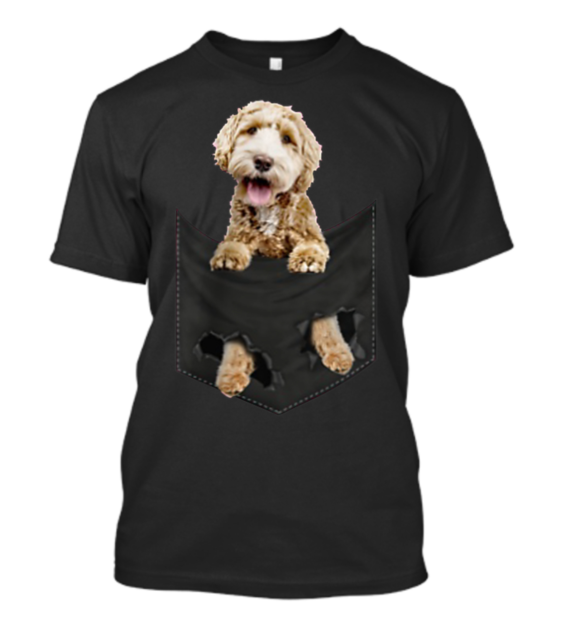 Dog In Your Pocket Labradoodle Peeking Out Pawing Through Black Pocket T-Shirt