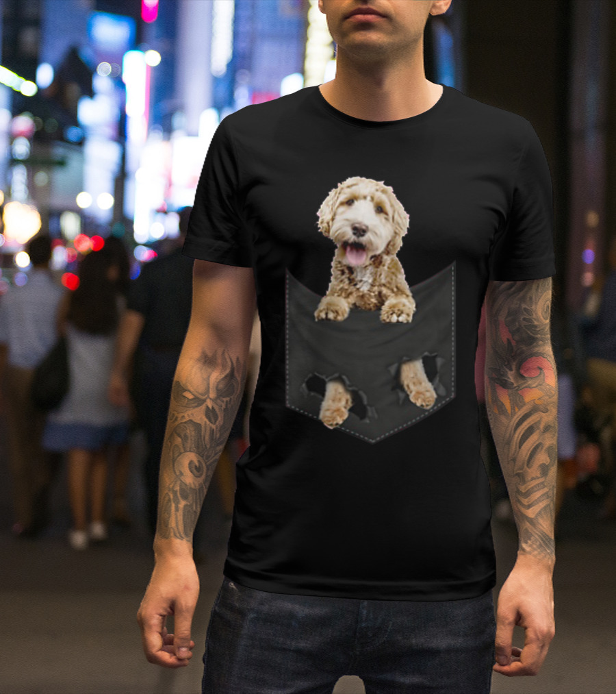 Dog In Your Pocket Labradoodle Peeking Out Pawing Through Black Pocket T-Shirt