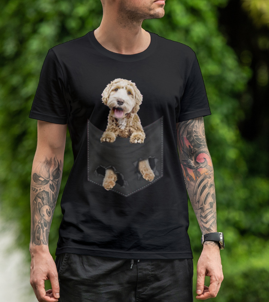 Dog In Your Pocket Labradoodle Peeking Out Pawing Through Black Pocket T-Shirt