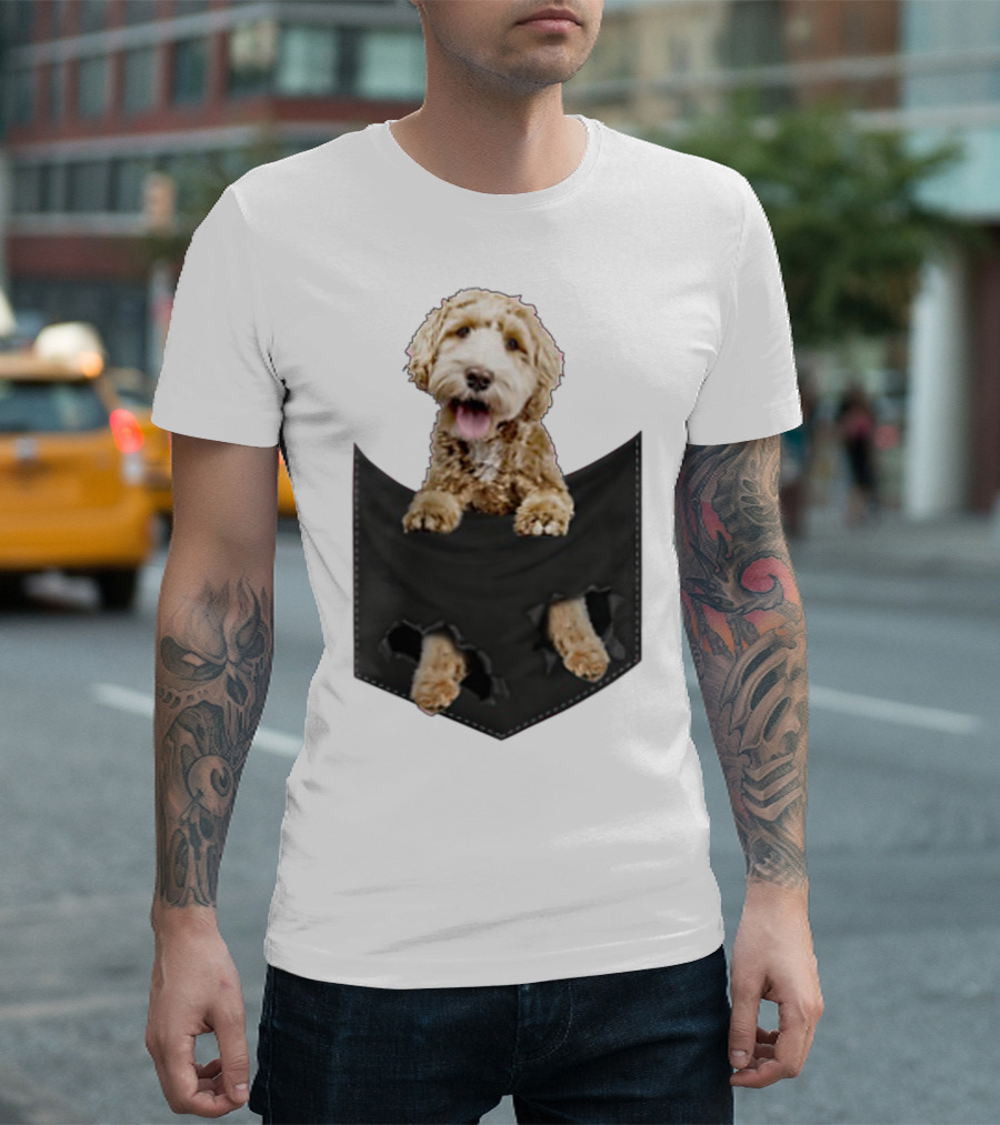 Dog in Your Pocket Labradoodle Peeking Out Pawing Through Black Pocket T-Shirt