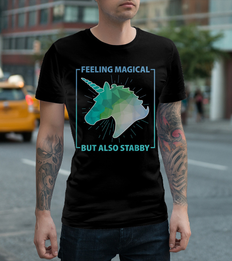 Feeling Magical But Also Stabby Funny Cute Unicorn Geometric Head T-Shirt