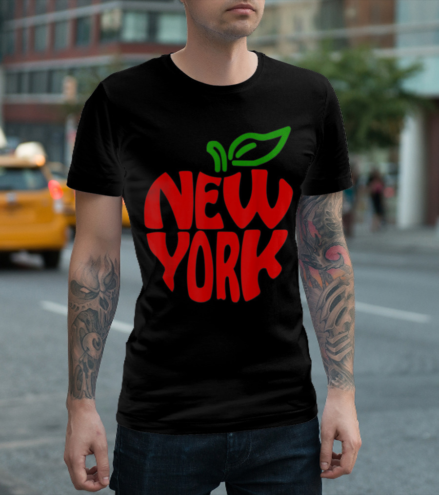 New York Big Apple Red Typography with Green Leaf T-Shirt