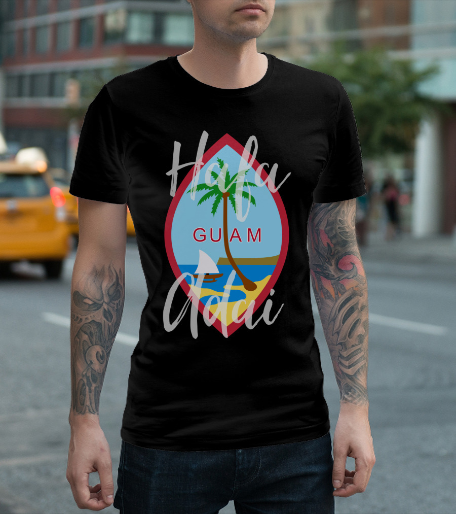Hafa Adai Guam Palm Tree Beach Sailboat Emblem T-Shirt