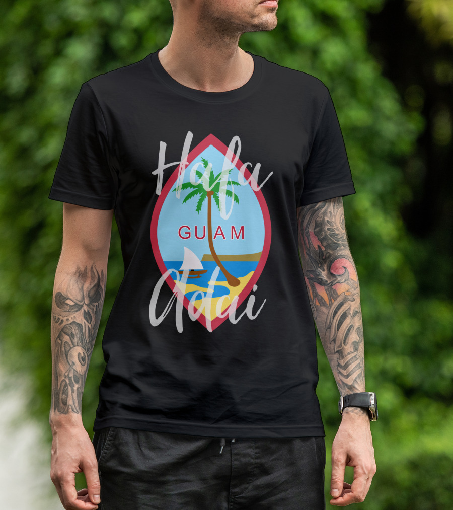 Hafa Adai Guam Palm Tree Beach Sailboat Emblem T-Shirt