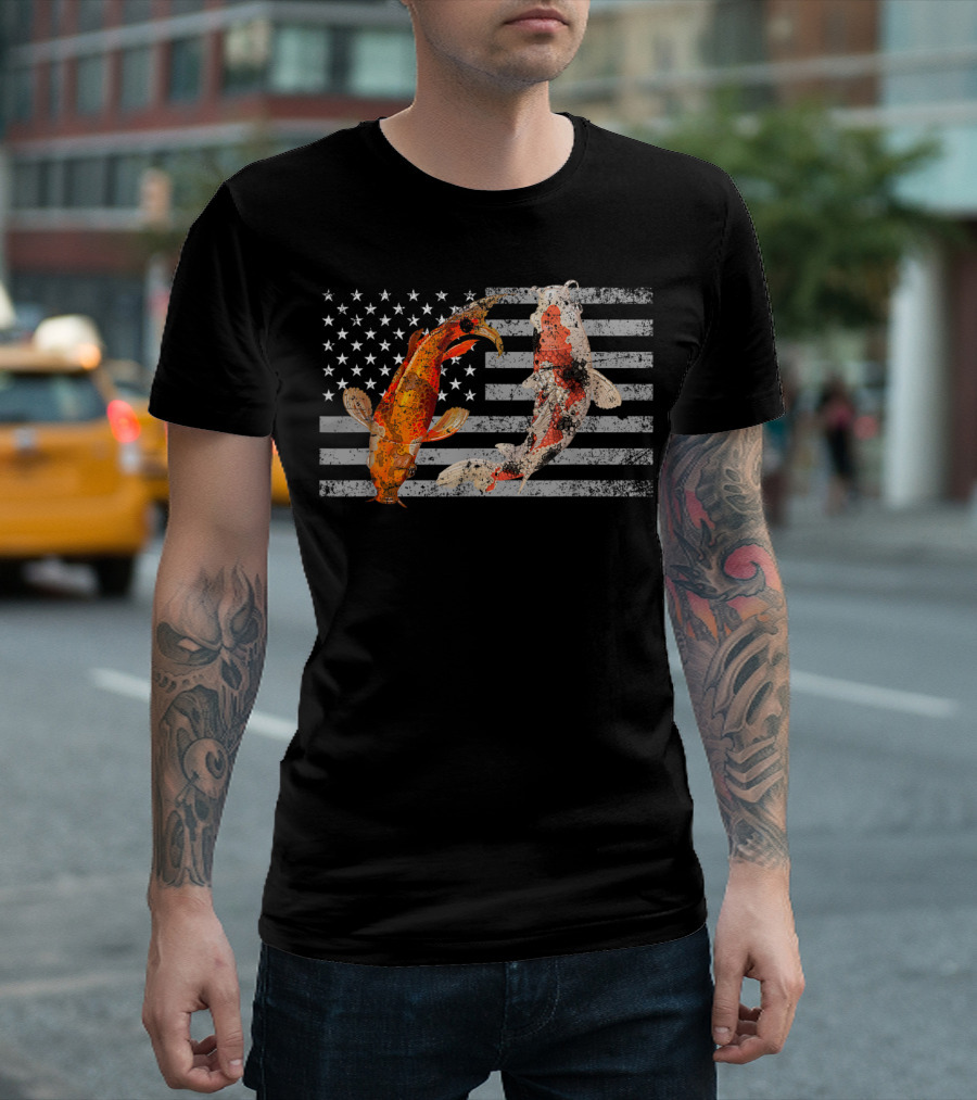 USA Flag With Japanese Koi Fish And Koi Carp T-Shirt