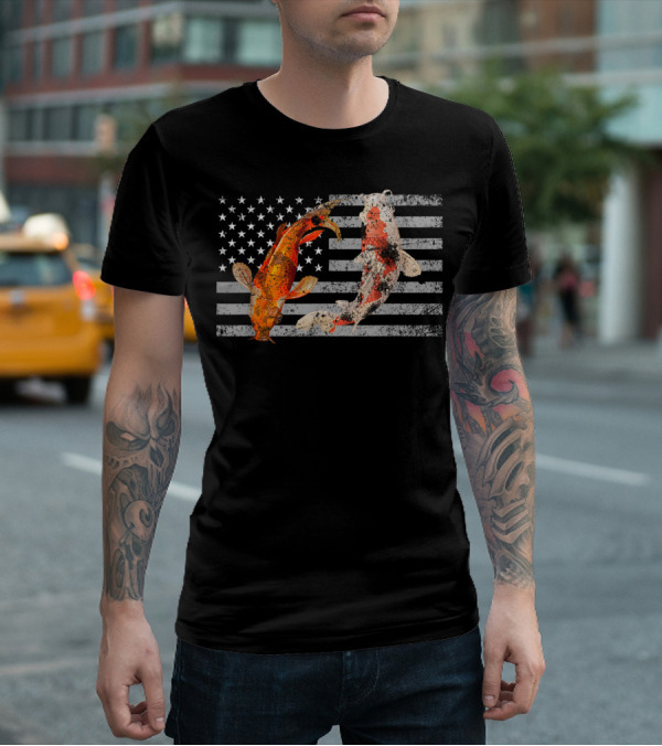 USA Flag With Japanese Koi Fish And Koi Carp T-Shirt