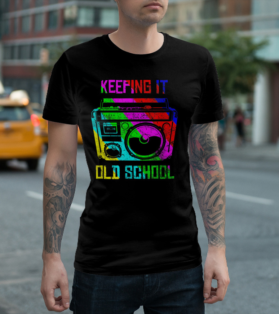 Keeping It Old School Boombox Retro Rainbow 80s Vibes T-Shirt