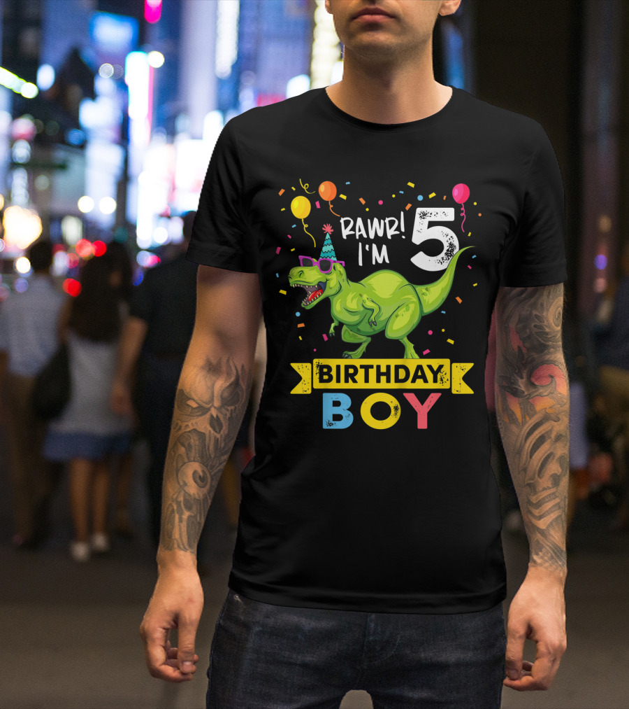 RAWR I'm 5 Birthday Boy Dinosaur Party Hat Balloons And Confetti T-Shirt