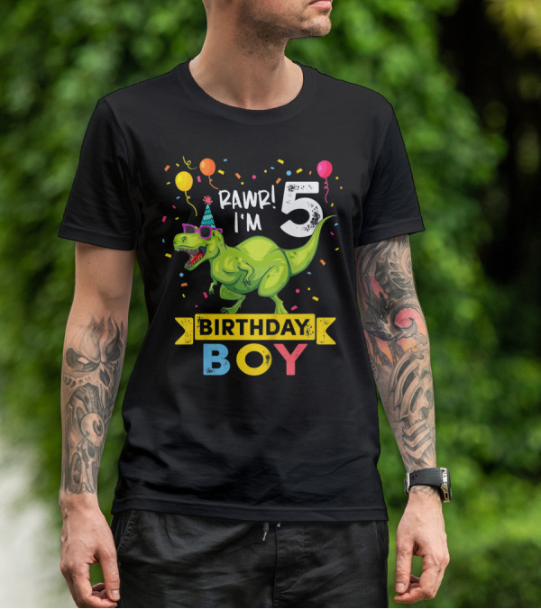 RAWR I'm 5 Birthday Boy Dinosaur Party Hat Balloons And Confetti T-Shirt