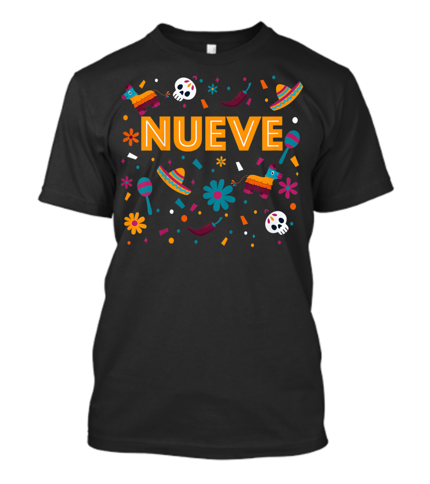 Kids 9 Year Old Mexican Fiesta Birthday Nueve Pinata Sombrero Maracas Skulls Flowers T-Shirt