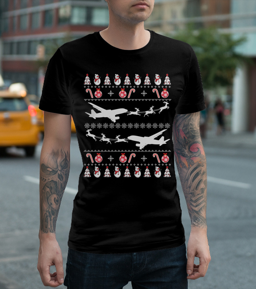 Airplanes Ugly Christmas Sweater Reindeer Snowman Candy Cane Holiday T-Shirt