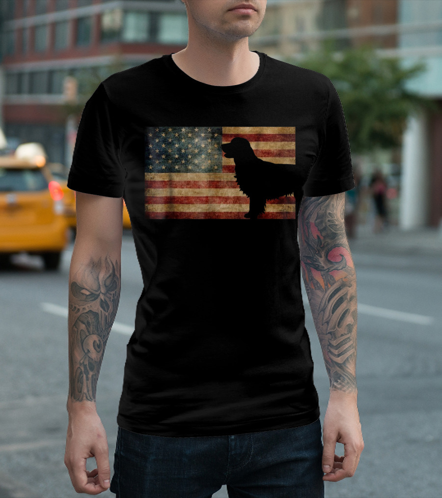 Golden Retriever Silhouette With Vintage American Flag T-Shirt