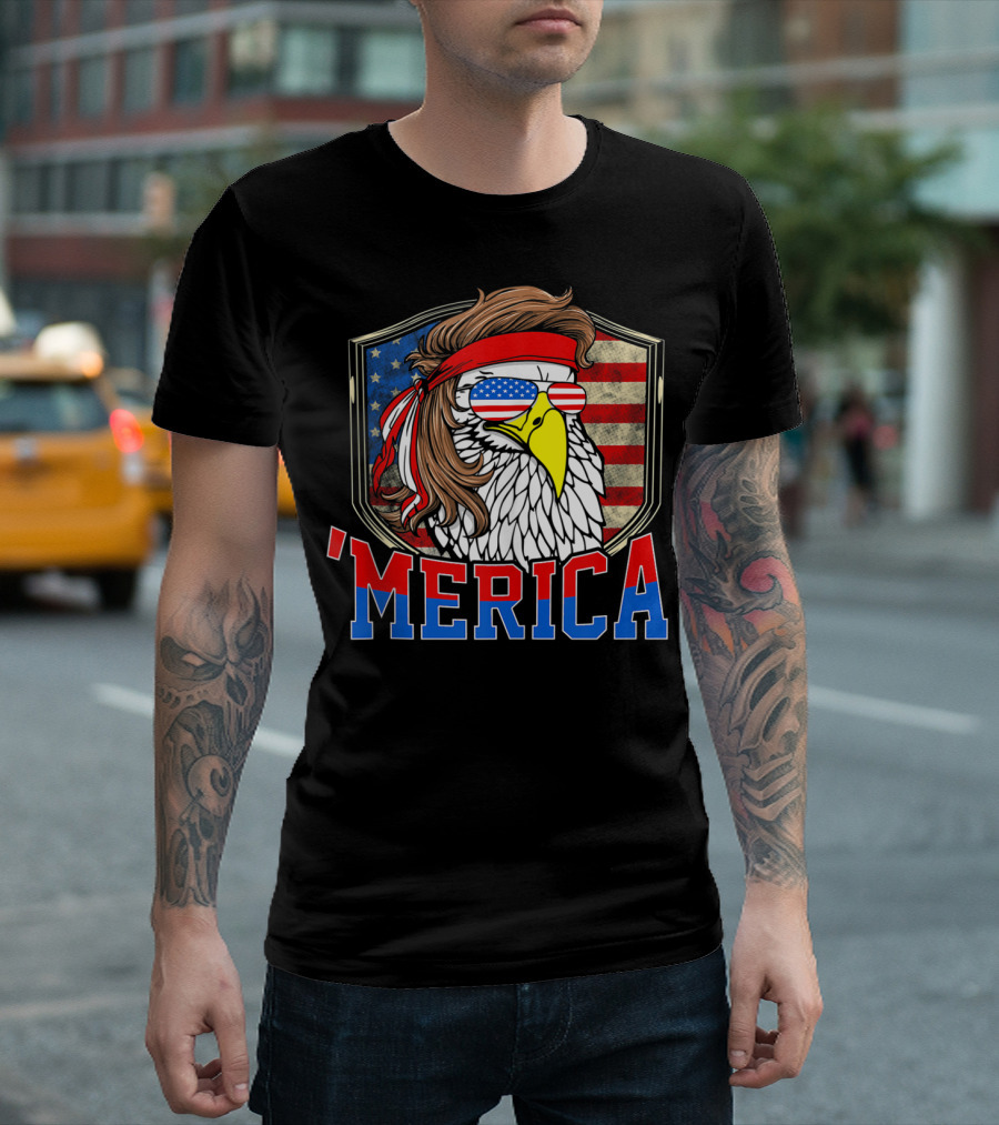 'MERICA 4th of July Bald Eagle Mullet with American Flag Sunglasses T-Shirt