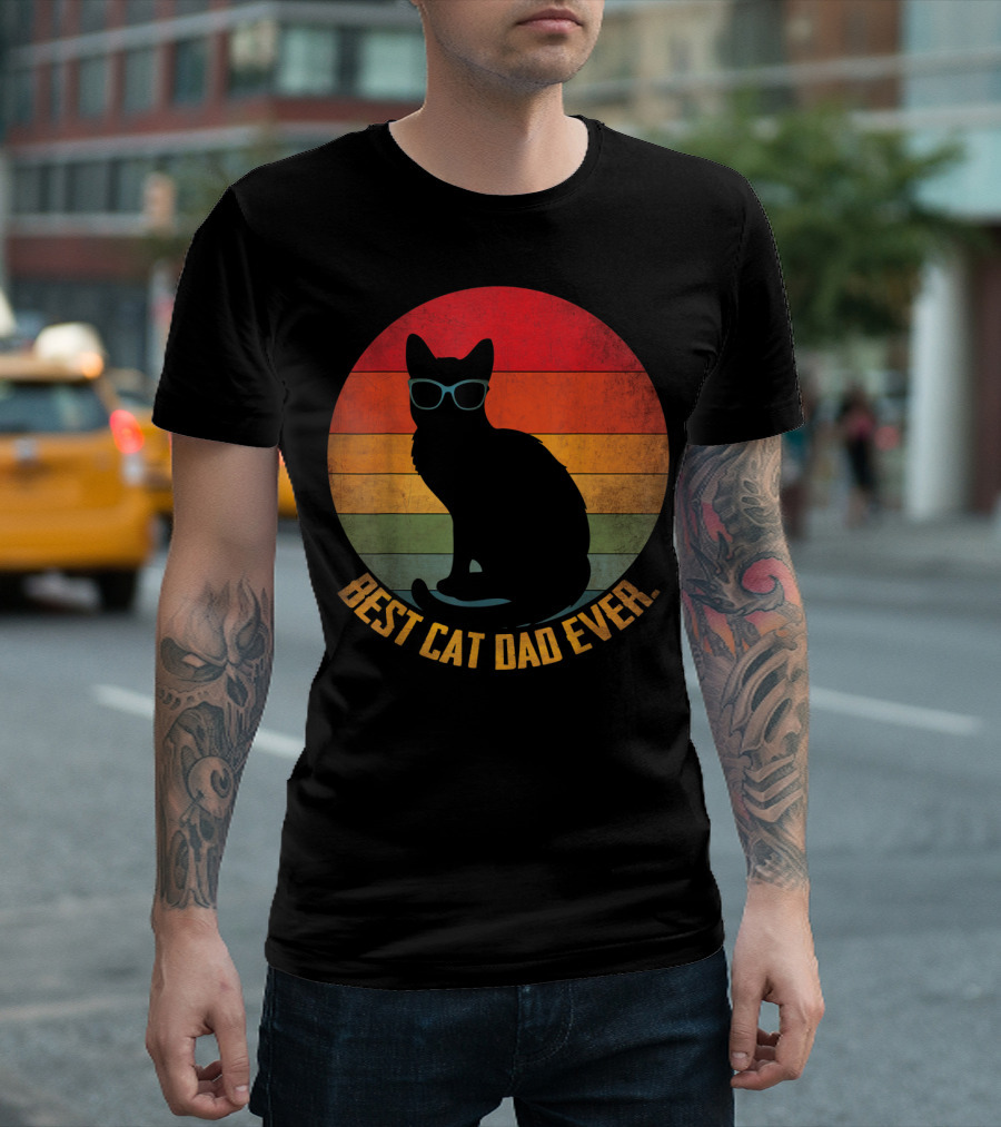 Vintage Sunset Best Cat Dad Ever Silhouette with Sunglasses T-Shirt