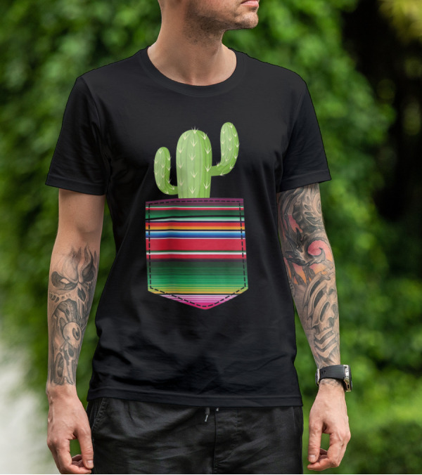 Cactus In Serape Pocket Mexican Fiesta Party T-Shirt