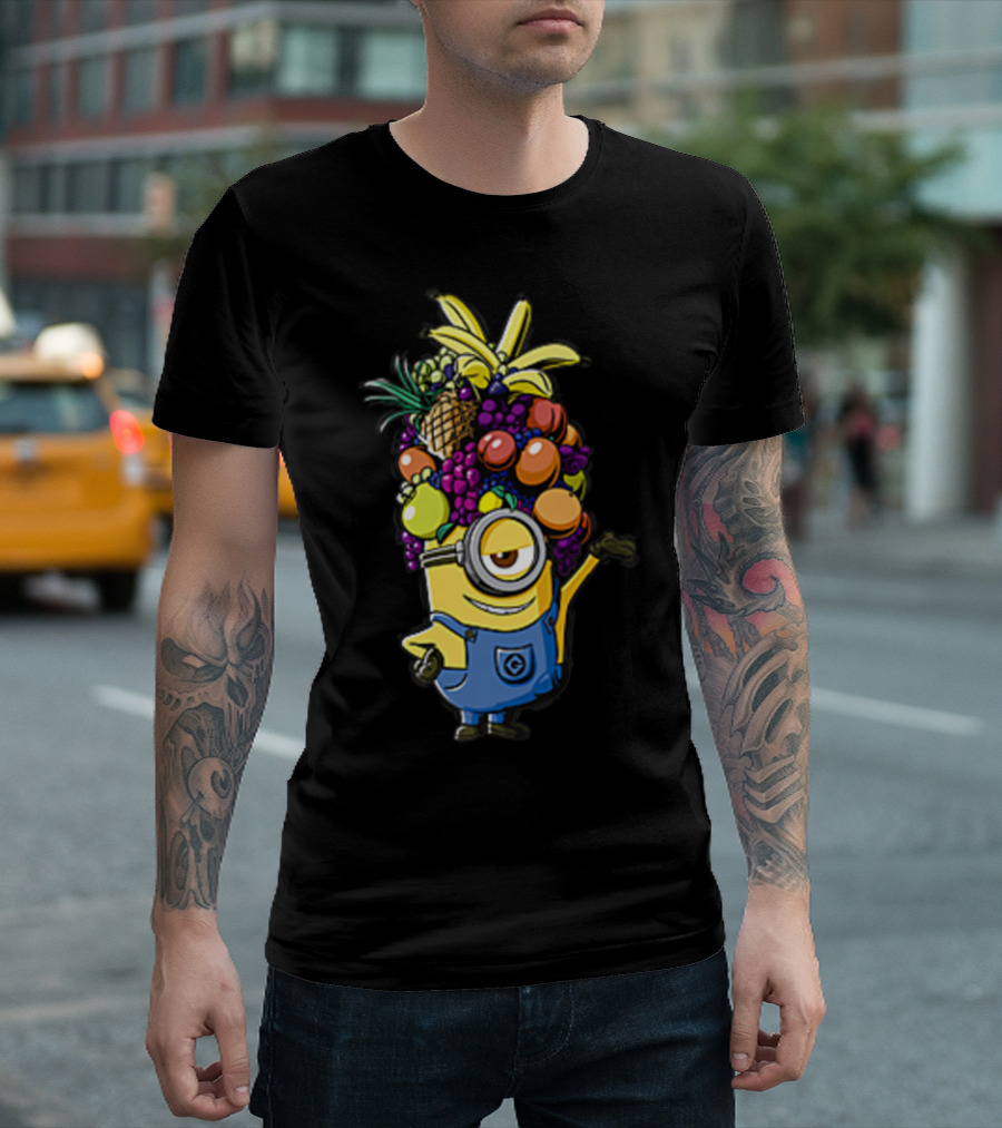 Despicable Me Minions Stuart Wearing Colorful Fruit Hat Overalls T-Shirt