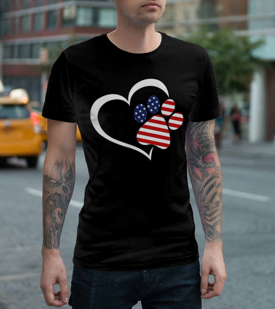 Dog Paw Heart Love Red White Blue American Flag Patriotic T-Shirt