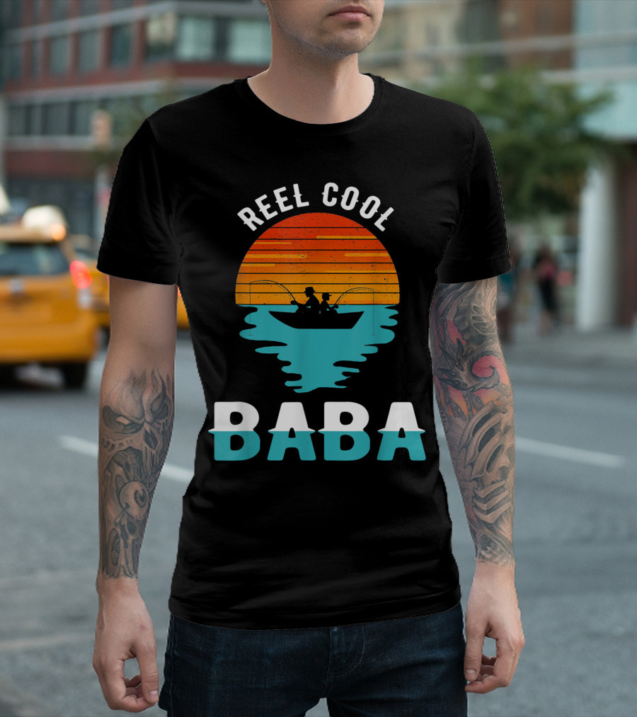 Reel Cool Baba Father's Day Fishing Silhouette Sunset T-Shirt