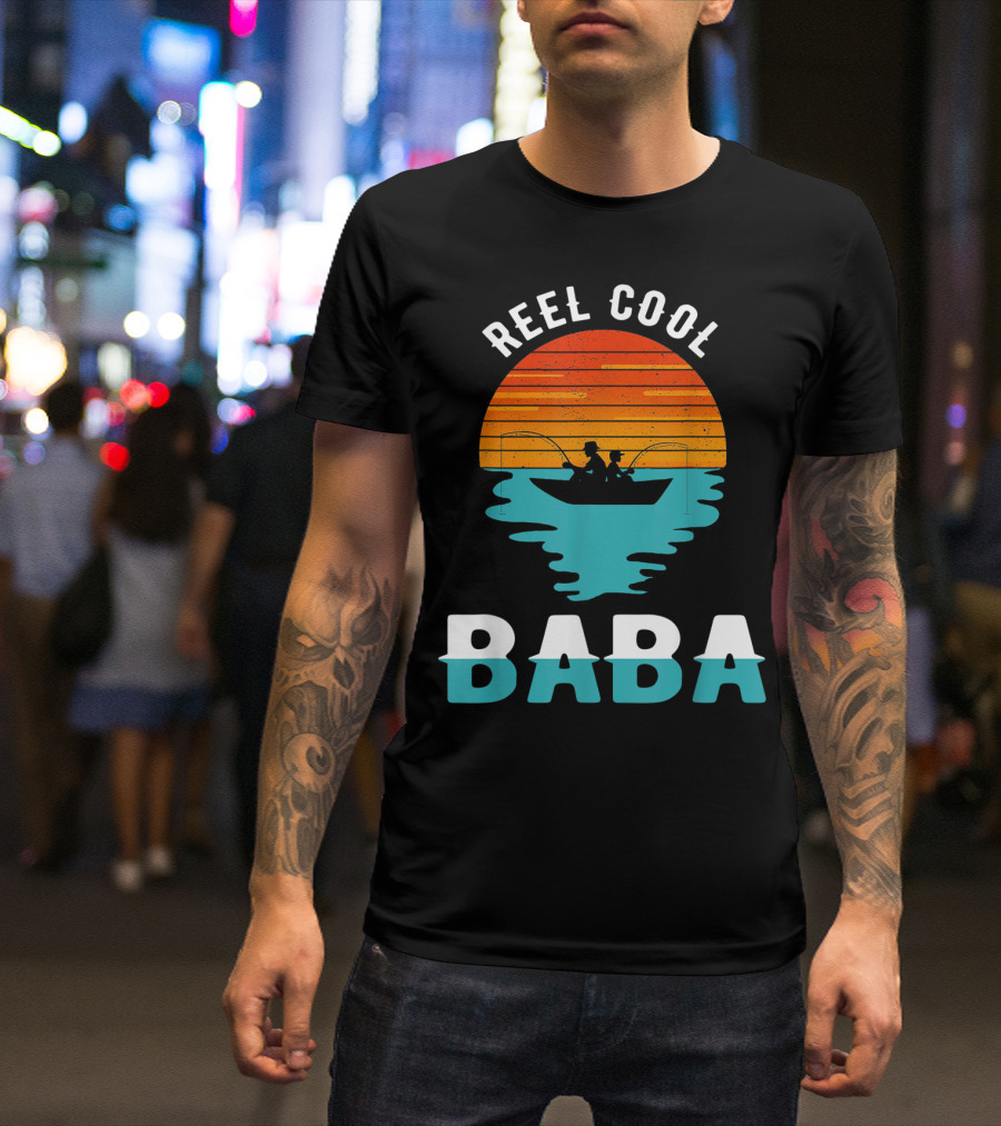 Reel Cool Baba Father's Day Fishing Silhouette Sunset T-Shirt