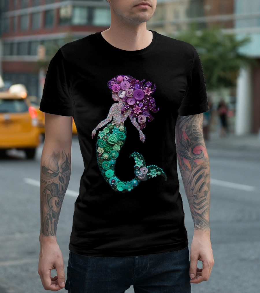 Flower Mermaid Purple Green Buttons T-Shirt
