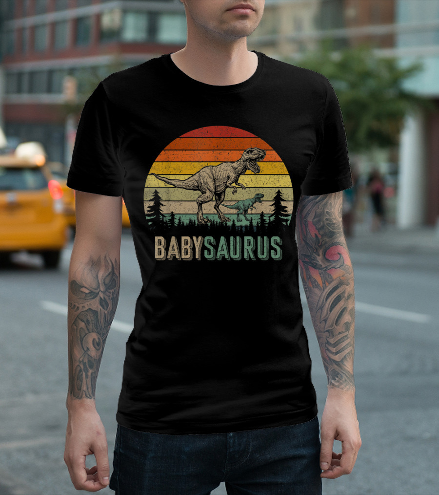 Babysaurus Dinosaurs Vintage Father's Retro Sunset T-Rex Family T-Shirt