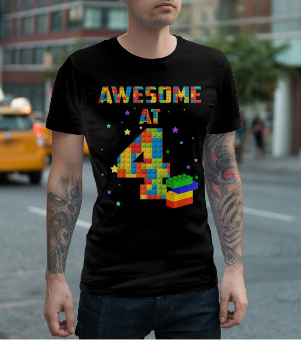 AWESOME AT 4 Building Blocks Kids Birthday T-Shirt