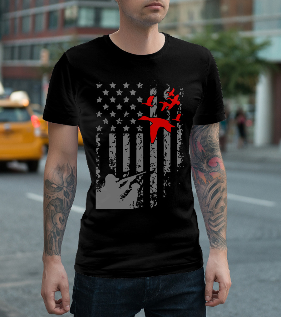 American Flag Waterfowl Hunting with Patriotic Duck T-Shirt