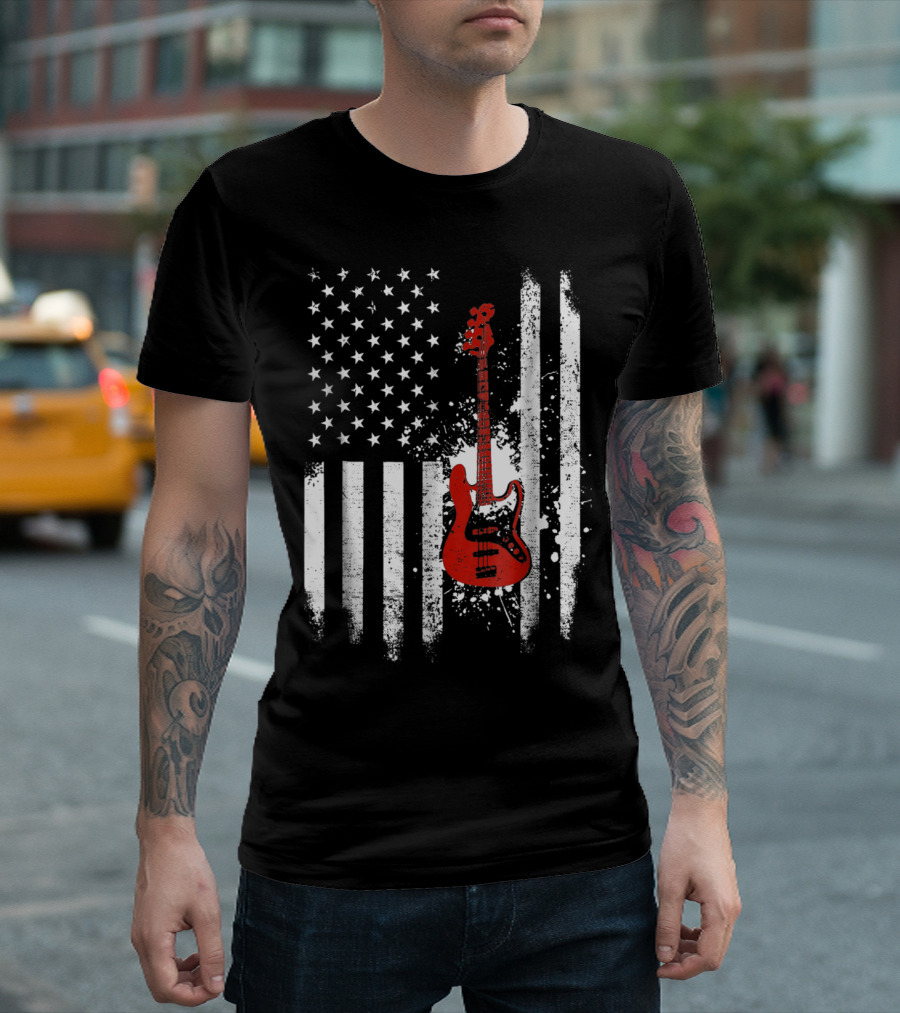 Bass Guitar Red White Stars Stripes American Flag T-Shirt