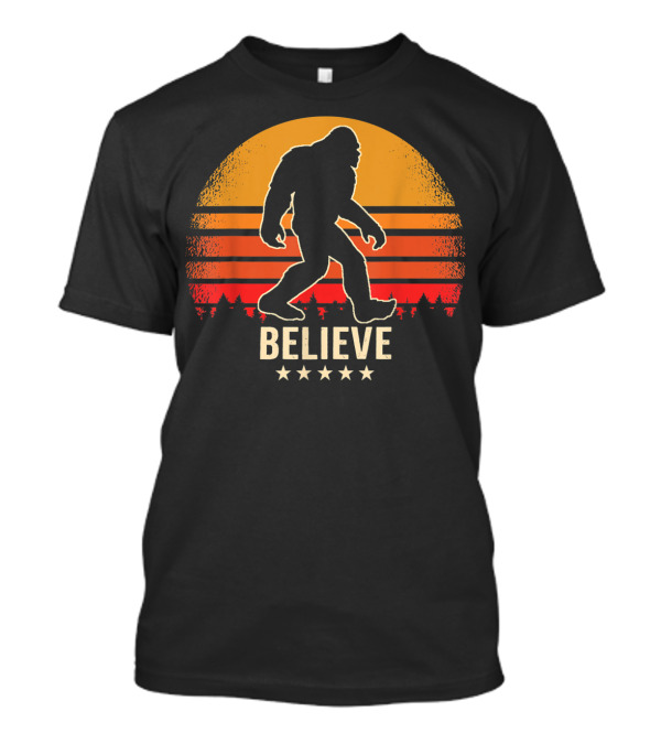 Believe Sunset Bigfoot Silhouette Retro Stars Forest T-Shirt