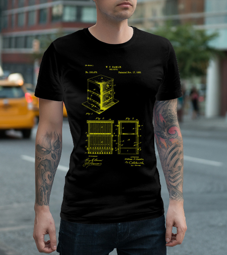 W.P. Hamlin Bee Hive Patent 1885 Vintage Honey Save The Bees Blueprint T-Shirt