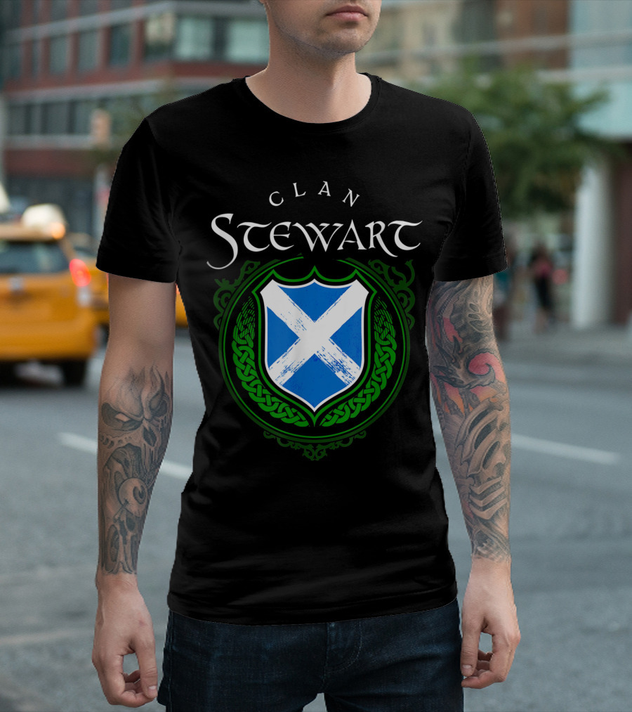 Clan Stewart Scottish Shield Scotland Flag and Green Celtic Knotwork T-Shirt