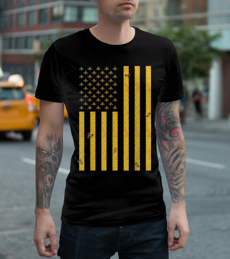 American Flag Honeycomb Honey Bee Beekeeping Beekeeper USA Patriotic T-Shirt